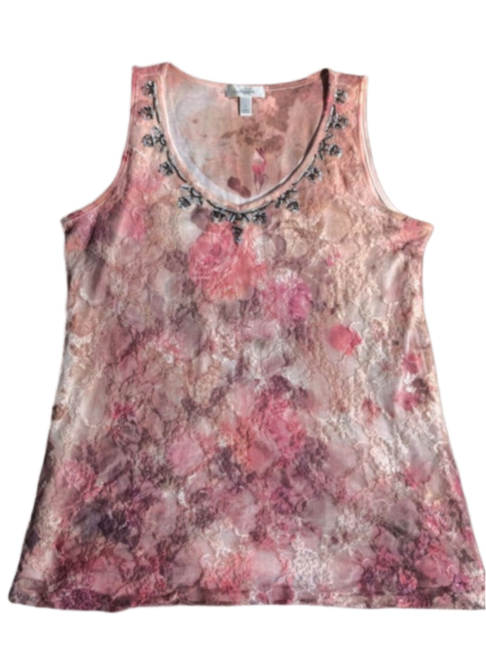 Vintage Y2K Dressbarn Pink & Beige Floral Lace Tank Top L